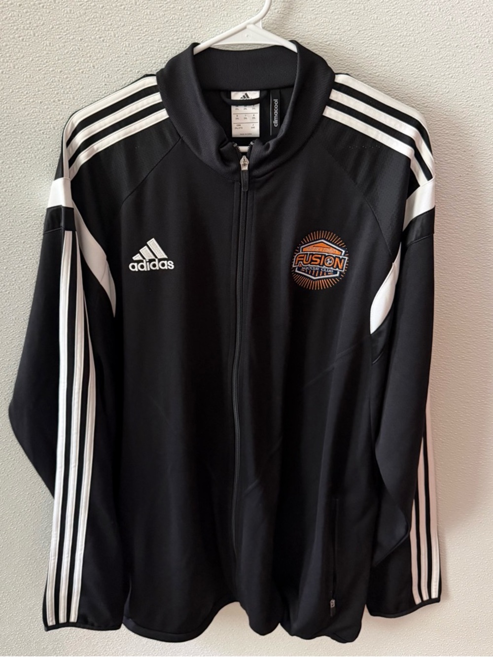 adidas Black Track Jacket with White Stripes and Fusion Patch